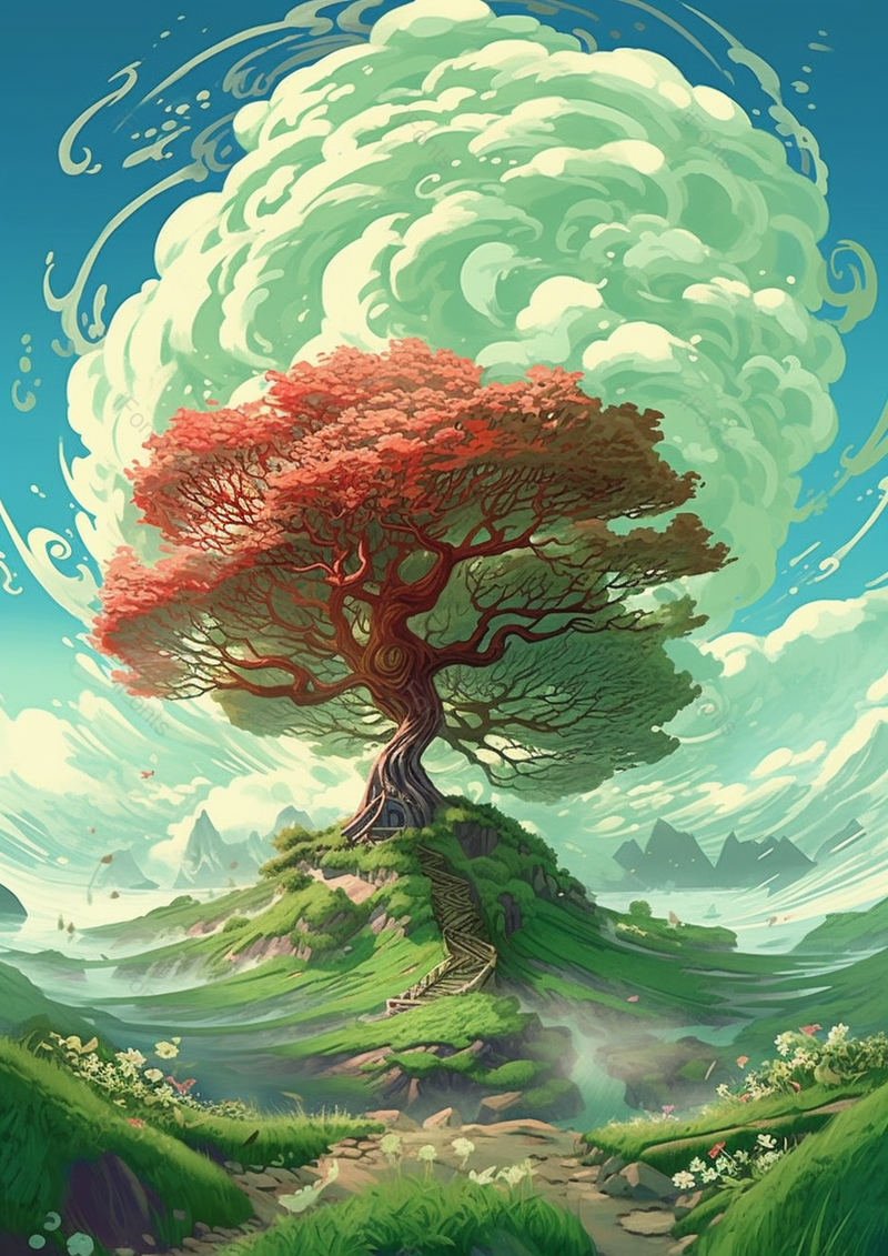 绿色山丘上的大树蓝天背景,插画/手绘图,插画/手绘图库,插画/手绘图下载,插画/手绘